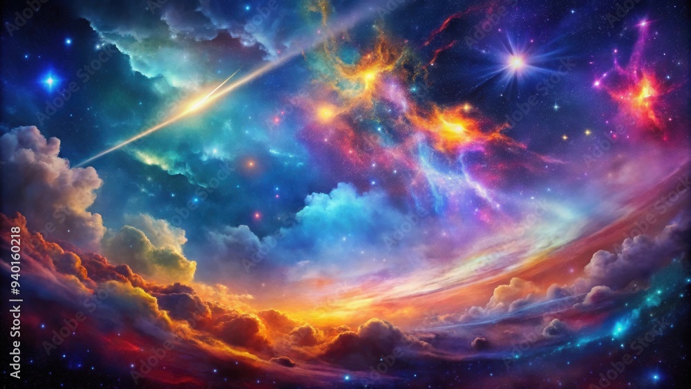 Vibrant, colorful nebula with swirling clouds and shooting stars, space, cosmic, stellar, galaxy, celestial, astronomy Vibrant, colorful nebula with swirling clouds and shooting stars, space, cosmic, stellar, galaxy, celestial, astronomy
