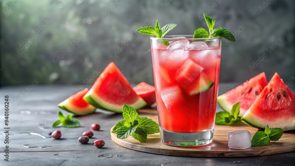 Refreshing watermelon lemonade in a clear glass with slices of fruit and ice cubes , watermelon, lemonade, drink, cold Refreshing watermelon lemonade in a clear glass with slices of fruit and ice cubes , watermelon, lemonade, drink, cold