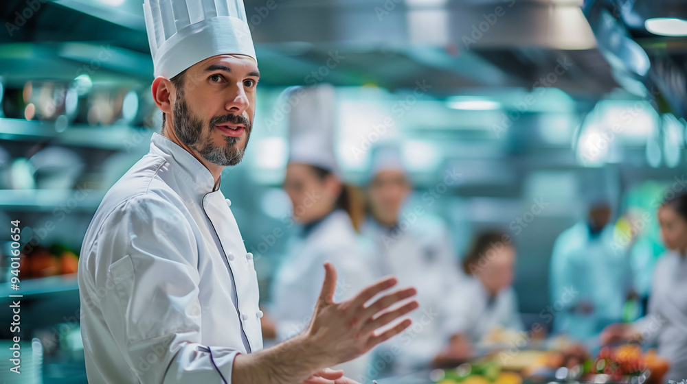 Chef Leading Team in Modern Restaurant Kitchen Chef Leading Team in Modern Restaurant Kitchen