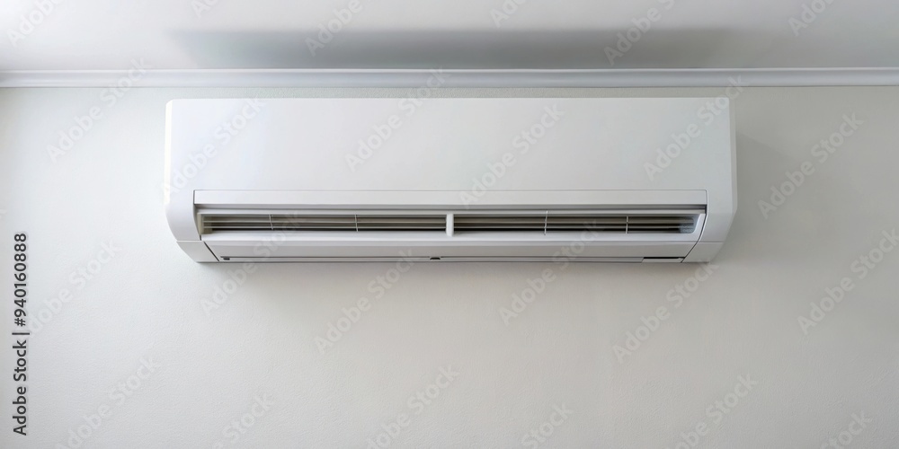 Air conditioner mounted on a white wall at home, cool, technology, energy efficient, temperature control, modern, appliance Air conditioner mounted on a white wall at home, cool, technology, energy efficient, temperature control, modern, appliance