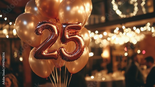 An elegant 25th birthday celebration featuring a bunch of sparkling balloons with bokeh lights in the background, creating a festive and luxurious atmosphere.