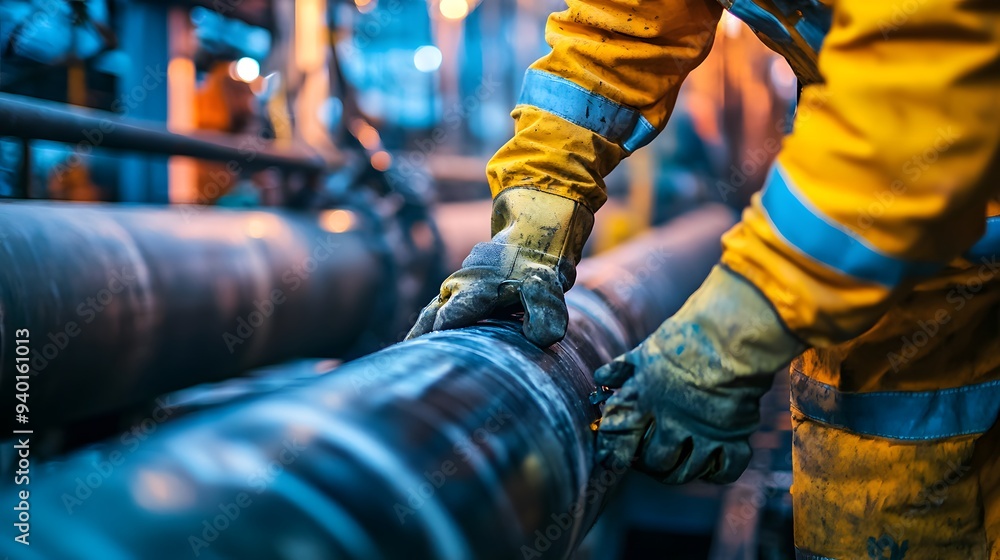 Close-up of a construction worker tightening bolts on a scaffold while a pipeline is being lowered into place in the background, highlighting precision and attention to safety Close-up of a construction worker tightening bolts on a scaffold while a pipeline is being lowered into place in the background, highlighting precision and attention to safety