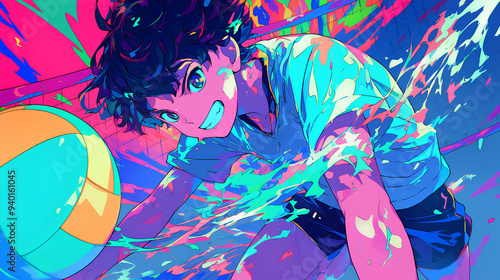 a boy playing volleyball, anime style, cute kawaii, simple, smiling happy, neon psychedelic background