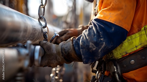 Close-up of a construction worker tightening bolts on a scaffold while a pipeline is being lowered into place in the background, highlighting precision and attention to safety