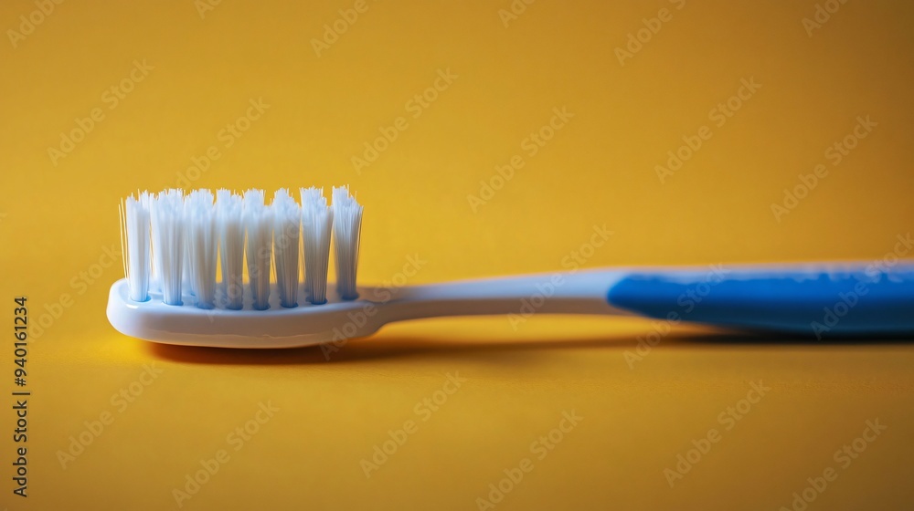 Blue and white toothbrush lying on a yellow background Blue and white toothbrush lying on a yellow background