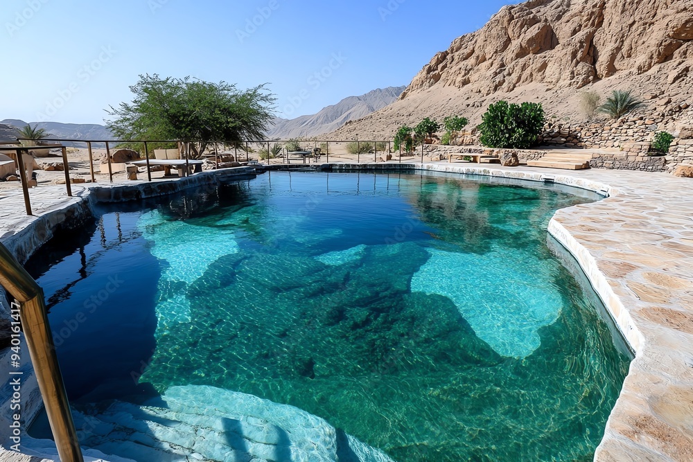 A hot spring in the middle of a desert, an oasis of warmth and relaxation amidst the barren landscape A hot spring in the middle of a desert, an oasis of warmth and relaxation amidst the barren landscape