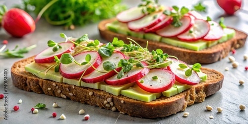 Delicious avocado toast with radish slices and microgreens, perfect for a healthy breakfast or snack , Avocado, toast