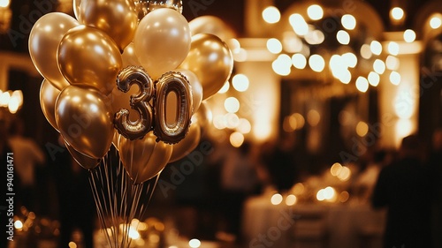 An elegant 30th birthday celebration featuring a bunch of sparkling balloons with bokeh lights in the background, creating a festive and luxurious atmosphere.