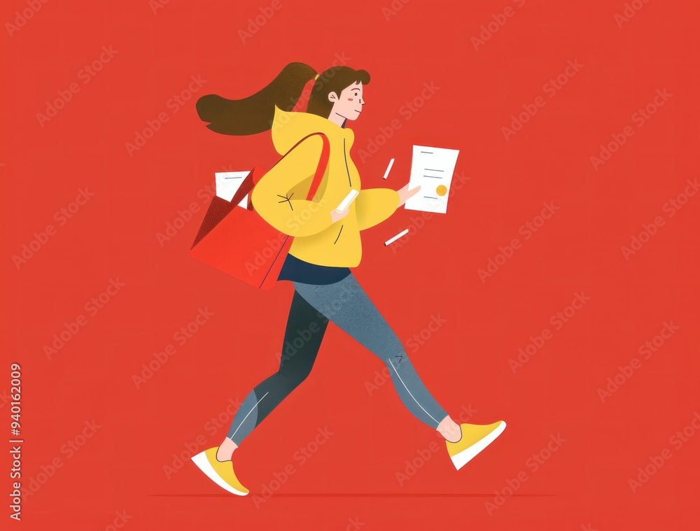 Woman walking with paper and red bag on red background representing fashion and business trip concept Woman walking with paper and red bag on red background representing fashion and business trip concept
