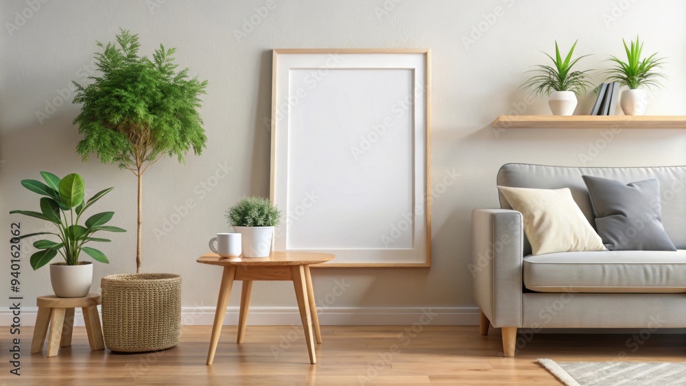 Blank picture frame hanging in living room with decoration mockup, blank, picture frame, hanging, wall Blank picture frame hanging in living room with decoration mockup, blank, picture frame, hanging, wall