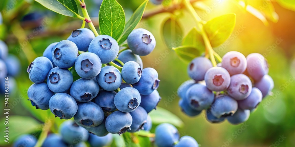 Close-up of ripe Georgia blueberries on a branch, blueberries, ripe, fresh, juicy, organic, farm, agriculture, summer, fruit Close-up of ripe Georgia blueberries on a branch, blueberries, ripe, fresh, juicy, organic, farm, agriculture, summer, fruit