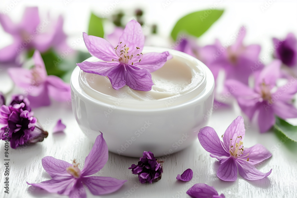 Jar with cream for face and violet flowers on white table. Jar with cream for face and violet flowers on white table.