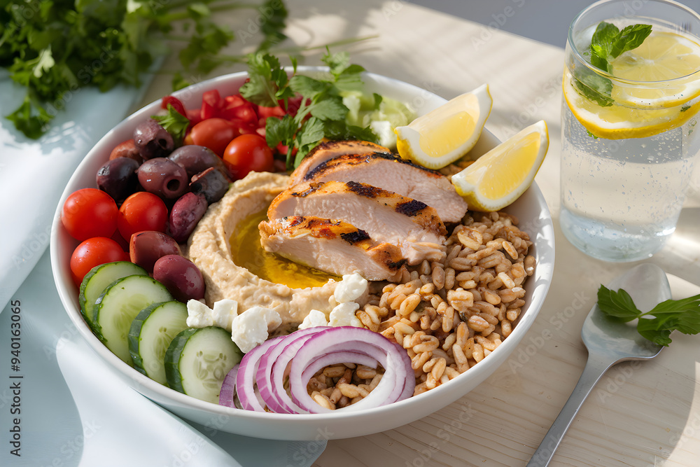 Mediterranean Grain Bowl with Grilled Chicken and Hummus Mediterranean Grain Bowl with Grilled Chicken and Hummus