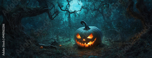 Eerie moonlit forest with a sinister glowing Jack-o'-lantern, evoking Halloween mystery and thrill in this atmospheric night scene with twisted trees.