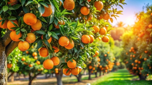 Oranges hanging on a lush tree in a vibrant orange garden on a sunny day in Valencia, Spain , Oranges, Tree, Garden, Sunny day