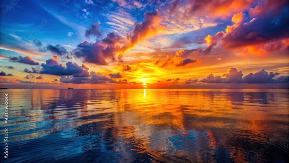 Vibrant sunset reflecting on the calm sea , twilight, horizon, ocean, dusk, serene, peaceful, beach, evening, colors, vivid Vibrant sunset reflecting on the calm sea , twilight, horizon, ocean, dusk, serene, peaceful, beach, evening, colors, vivid