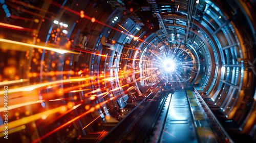 Scene depicting the formation of new particles in a hightech particle accelerator