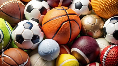 Fototapeta Naklejka Na Ścianę i Meble -  Colorful assortment of soccer, basketball, tennis, and baseball sports balls for sports enthusiasts and players, sports