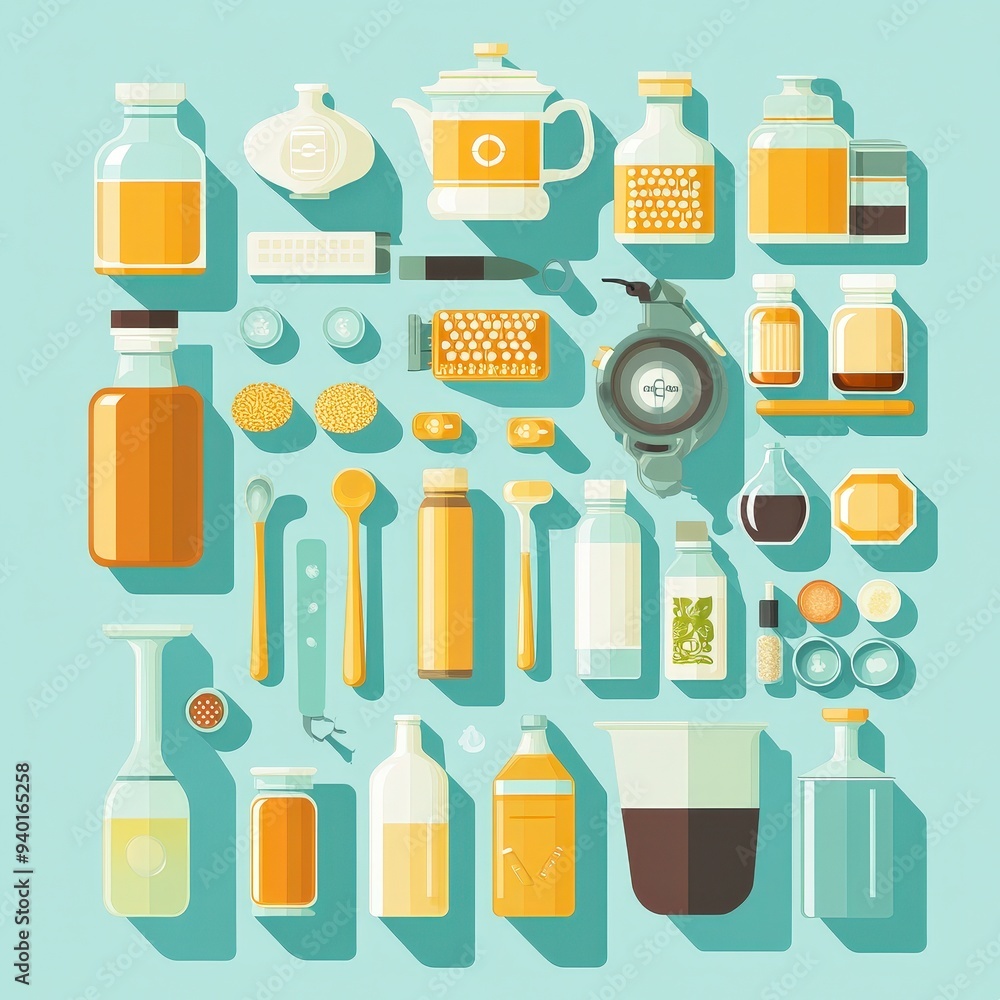 DIY Home Brewing - Flat Design Illustration of Beer and Kombucha Equipment and Ingredients for Craft Beverage Making Process DIY Home Brewing - Flat Design Illustration of Beer and Kombucha Equipment and Ingredients for Craft Beverage Making Process
