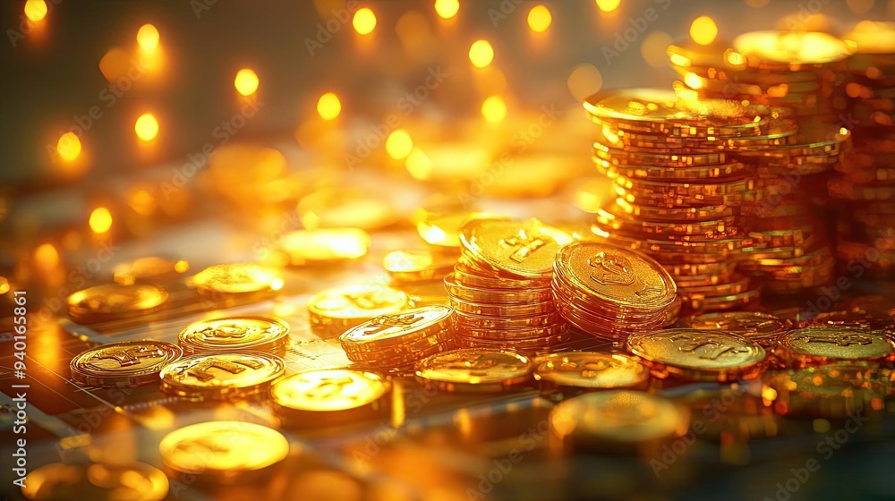 A beautiful arrangement of shiny gold coins with soft glowing lights in the background, evoking feelings of wealth and prosperity. A beautiful arrangement of shiny gold coins with soft glowing lights in the background, evoking feelings of wealth and prosperity.