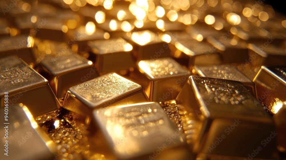 A close-up view of shiny gold bars, reflecting light and showcasing their luxurious texture and allure. A close-up view of shiny gold bars, reflecting light and showcasing their luxurious texture and allure.