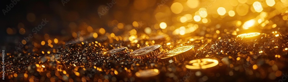 A captivating close-up of shimmering coins and golden sparkles, evoking a sense of wealth and luxury in a magical atmosphere. A captivating close-up of shimmering coins and golden sparkles, evoking a sense of wealth and luxury in a magical atmosphere.