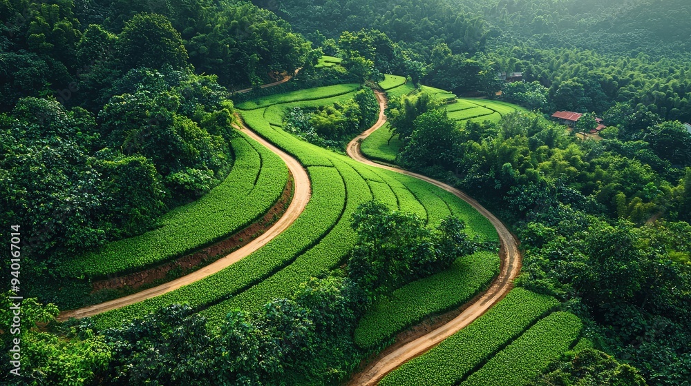 Aerial view of lush green terraced fields and winding paths Aerial view of lush green terraced fields and winding paths