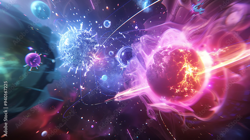 Scene showing the collision of protons and the creation of various subatomic particles Scene showing the collision of protons and the creation of various subatomic particles
