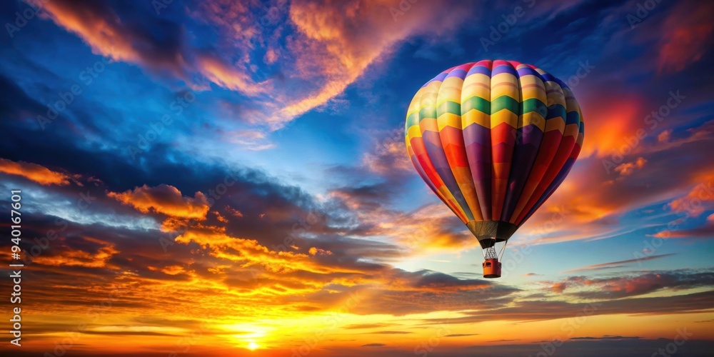 Hot air balloon flying gracefully over a vibrant sunset sky, Adventure, transportation, colorful, romantic, travel Hot air balloon flying gracefully over a vibrant sunset sky, Adventure, transportation, colorful, romantic, travel