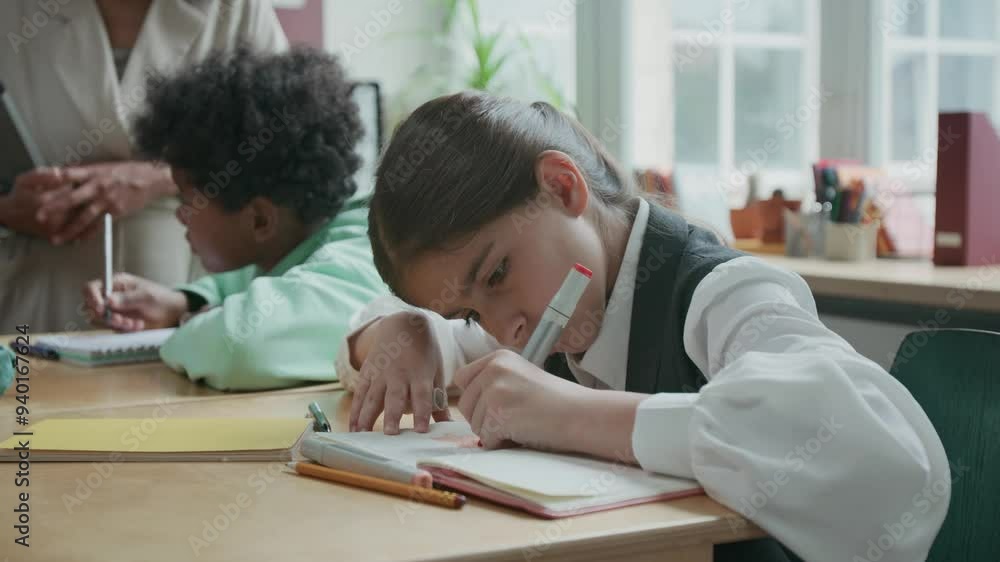 Medium close-up slowmo of absent-minded young Middle Eastern girl writing or drawing in copybook at English lesson, while African American classmate is talking to female teacher in background