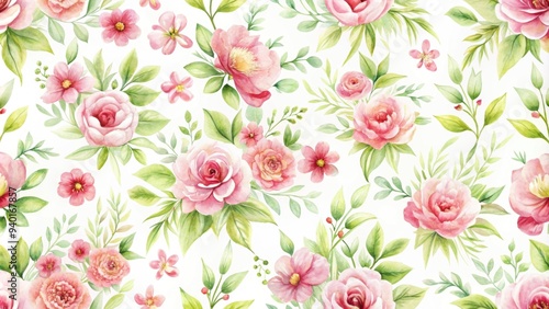 Delicate seamless floral pattern with pink and green watercolor flowers on a white background, flowers, seamless, floral