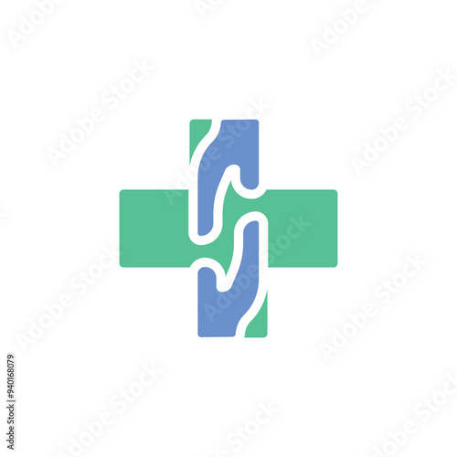 Medical cross symbol with two hands logo