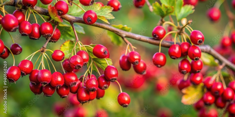 Close up of vibrant red wild hawthorn berries hanging on branches in the forest , nature, autumn, seasonal, tree, foliage Close up of vibrant red wild hawthorn berries hanging on branches in the forest , nature, autumn, seasonal, tree, foliage