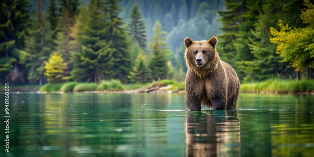 Brown bear standing in a crystal-clear lake surrounded by lush green forest , wildlife, nature, animal, bear, water, lake, wilderness Brown bear standing in a crystal-clear lake surrounded by lush green forest , wildlife, nature, animal, bear, water, lake, wilderness
