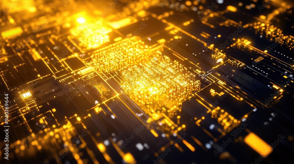 Fototapeta premium Close-up view of a glowing circuit board with intricate designs, showcasing modern technology and electronic connectivity.