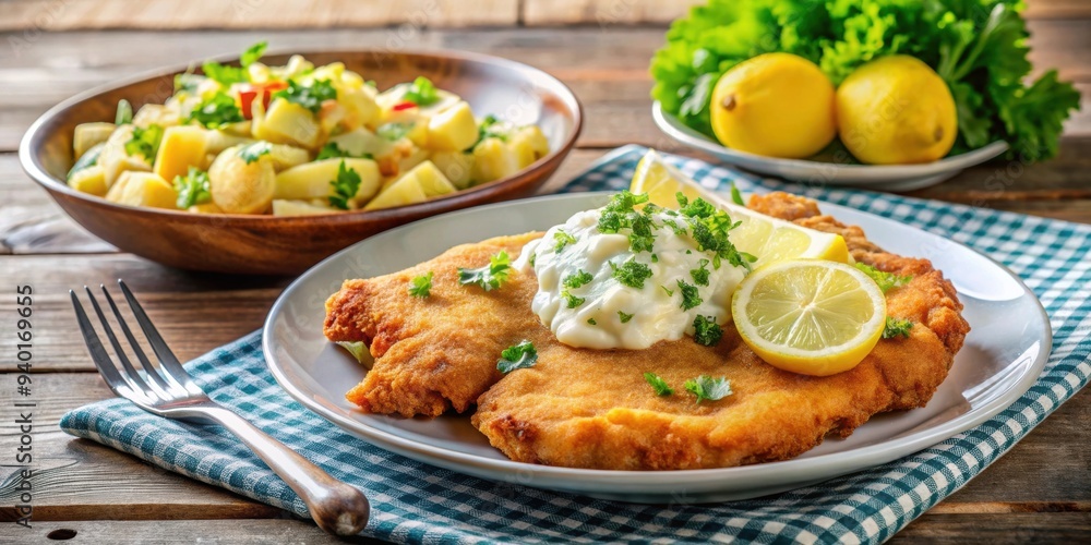 Traditional Viennese schnitzel served with potato salad and garnished with lemon wedges, Vienna, schnitzel, food, dish Traditional Viennese schnitzel served with potato salad and garnished with lemon wedges, Vienna, schnitzel, food, dish