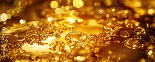 Close-up of glistening golden bubbles in liquid, creating a luxurious and vibrant atmosphere in a mesmerizing abstract background.