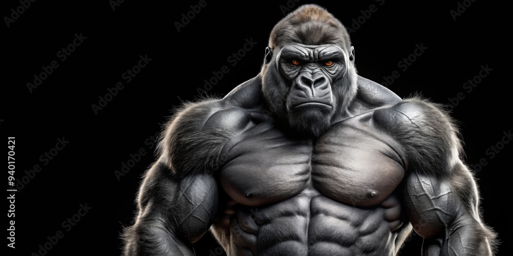 Muscular gorilla standing on a black background, gorilla, strong, powerful, animal, wildlife, mammal, black background Muscular gorilla standing on a black background, gorilla, strong, powerful, animal, wildlife, mammal, black background