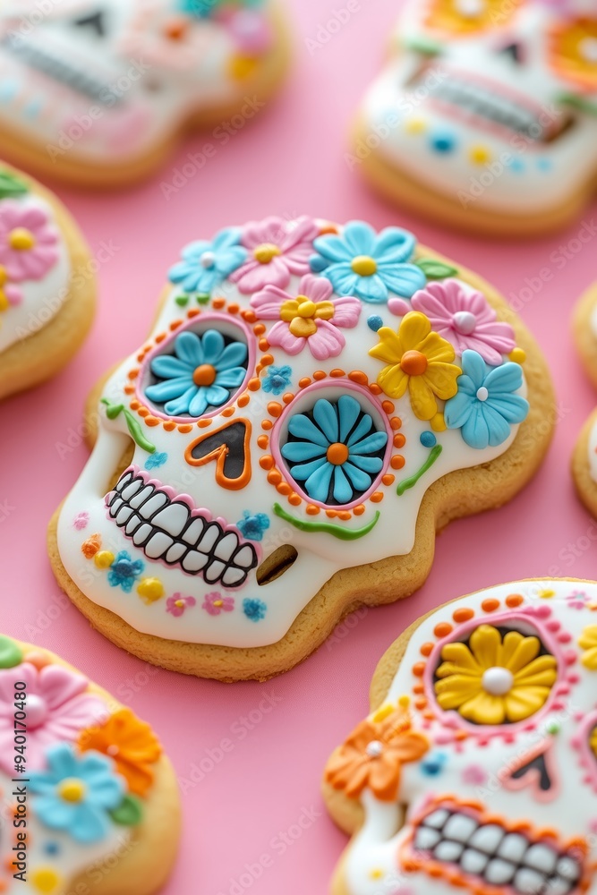 A photo of sugar skull shaped cookies decorated with colorful flowers, dia de los muertos theme, on a pink background A photo of sugar skull shaped cookies decorated with colorful flowers, dia de los muertos theme, on a pink background