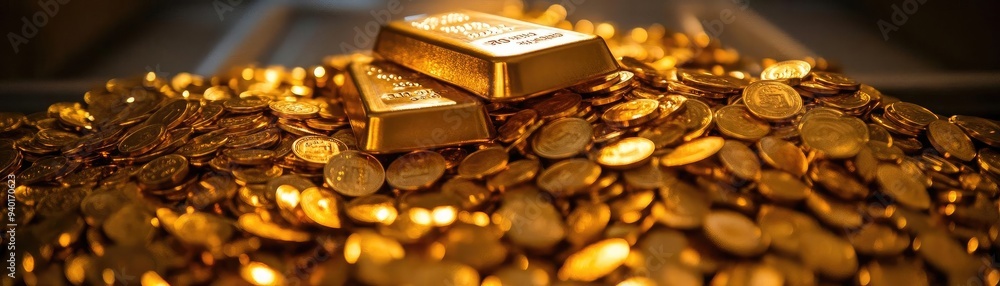 A stunning collection of golden coins and bars, representing wealth, prosperity, and luxury in a beautifully lit setting. A stunning collection of golden coins and bars, representing wealth, prosperity, and luxury in a beautifully lit setting.