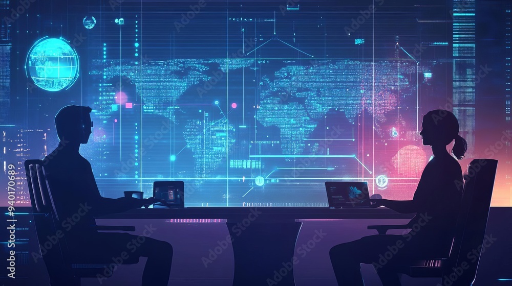 AI translating a conversation between two people in real-time, AI communication tech, Instant global connectivity. AI translating a conversation between two people in real-time, AI communication tech, Instant global connectivity.