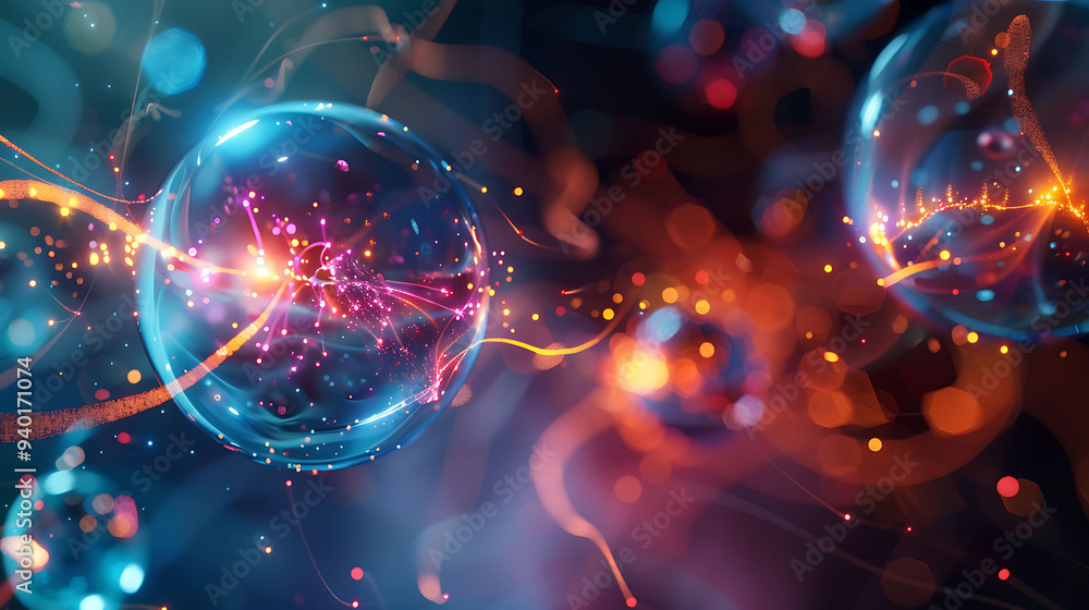 Scene showing the interaction of quarks and electrons in a highenergy physics experiment Scene showing the interaction of quarks and electrons in a highenergy physics experiment