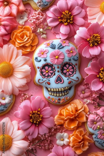 A photo of sugar skull shaped cookies decorated with colorful flowers, dia de los muertos theme, on a pink background