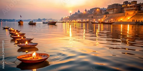 Tranquil scene of Ganges River with floating Diwali lamps, serene, Ganges River, Diwali, lamps, floating, candles photo