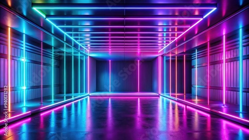 Abstract empty interior with neon lighting and decorative elements, rendering, HDRI, environment map, 360 degree, spherical