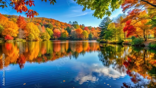 Tranquil lake surrounded by vibrant autumn foliage , lake, autumn, trees, reflection, peaceful, nature, serene, fall