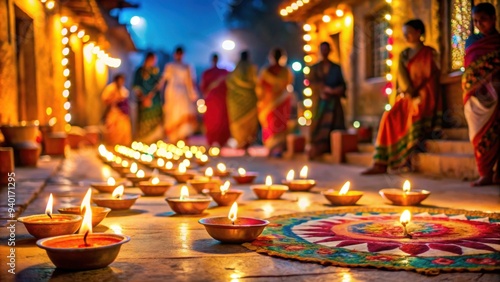 Village celebration with candles during Diwali, festive, tradition, Indian culture, holiday, illuminated