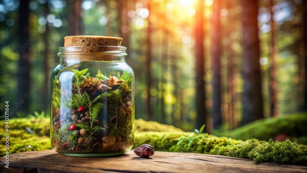Glass jar with wooden lid filled with magical forest ingredients, forest, magical, jar, wooden, lid, ingredients, mystical Glass jar with wooden lid filled with magical forest ingredients, forest, magical, jar, wooden, lid, ingredients, mystical