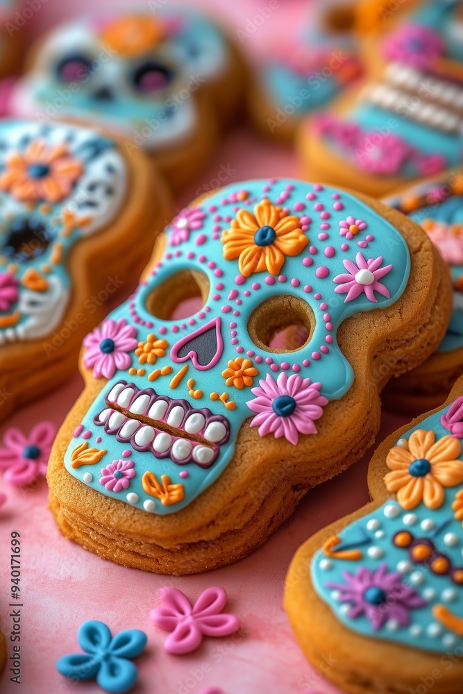 A photo of sugar skull shaped cookies decorated with colorful flowers, dia de los muertos theme, on a pink background A photo of sugar skull shaped cookies decorated with colorful flowers, dia de los muertos theme, on a pink background