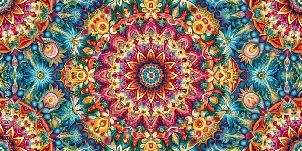 Various symmetrical shapes and colors repeating in a seamless pattern, geometry, design, texture, seamless, background Various symmetrical shapes and colors repeating in a seamless pattern, geometry, design, texture, seamless, background